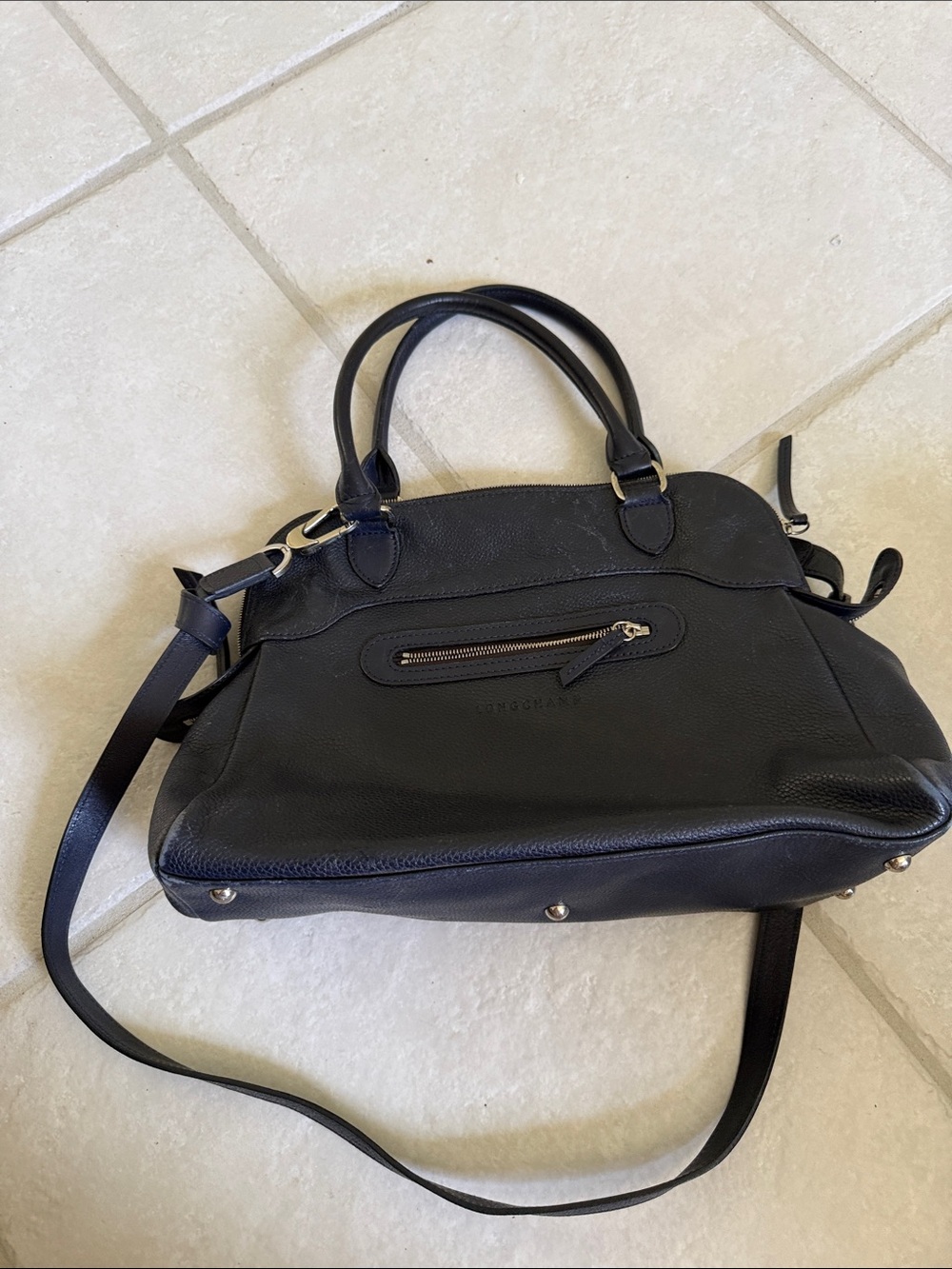 Longchamp Navy Leather Shoulder Satchel with Crossbody Strap